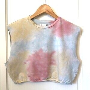 Revamped Rainbow Tie Dye Pastel Cropped Sweatshirt Top L Raw Hem Sleeveless Y2K
